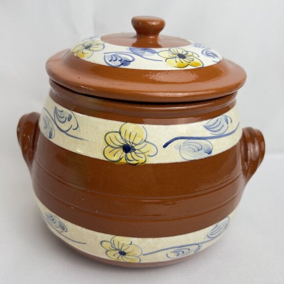 Hand-Painted Vintage Terracotta Pot with Lid Floral Bands Made in Portugal - Picture 4 of 9